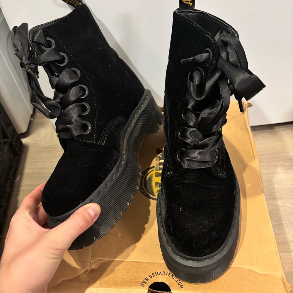 Dr. Martens Molly Black Velvet Lace Up Boots - Picture 2 of 3
